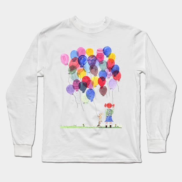 Girl with balloons whimsical watercolor illustration Long Sleeve T-Shirt by Sandraartist